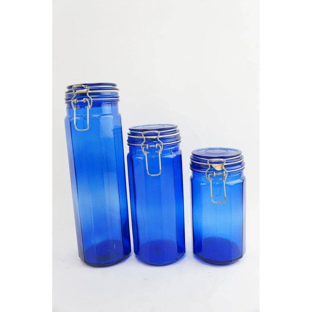 Cobalt Blue Glass‎ Canister Set 3 Piece Octagon Wire Bale Good